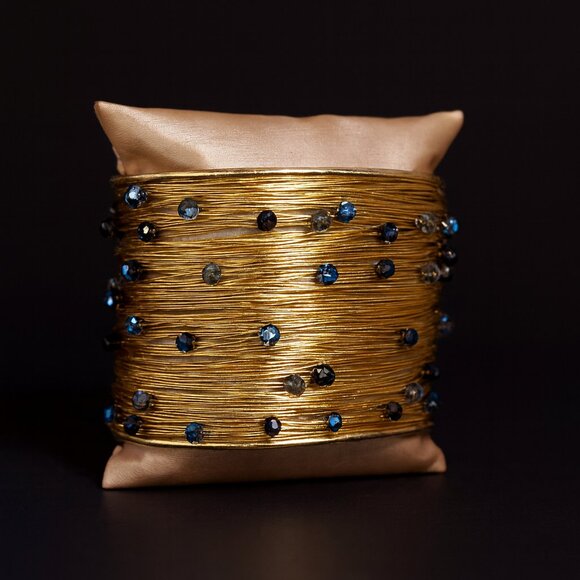 Gold Wire Wrapped Cuff Bracelet with Blue & Black Faceted Beads - Picture 1 of 8